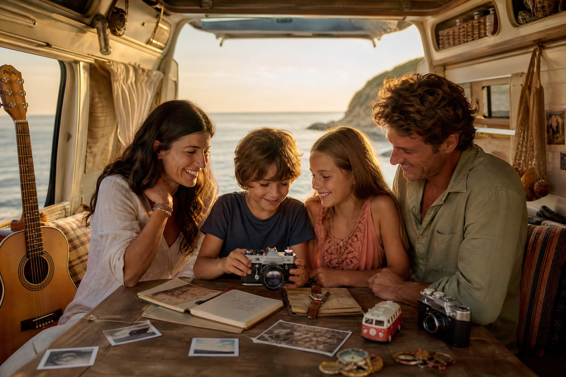 Une famille de quatre personnes, dans un van aménagé vintage face à la mer au coucher du soleil, découvre un appareil photo argentique entouré de souvenirs de voyage