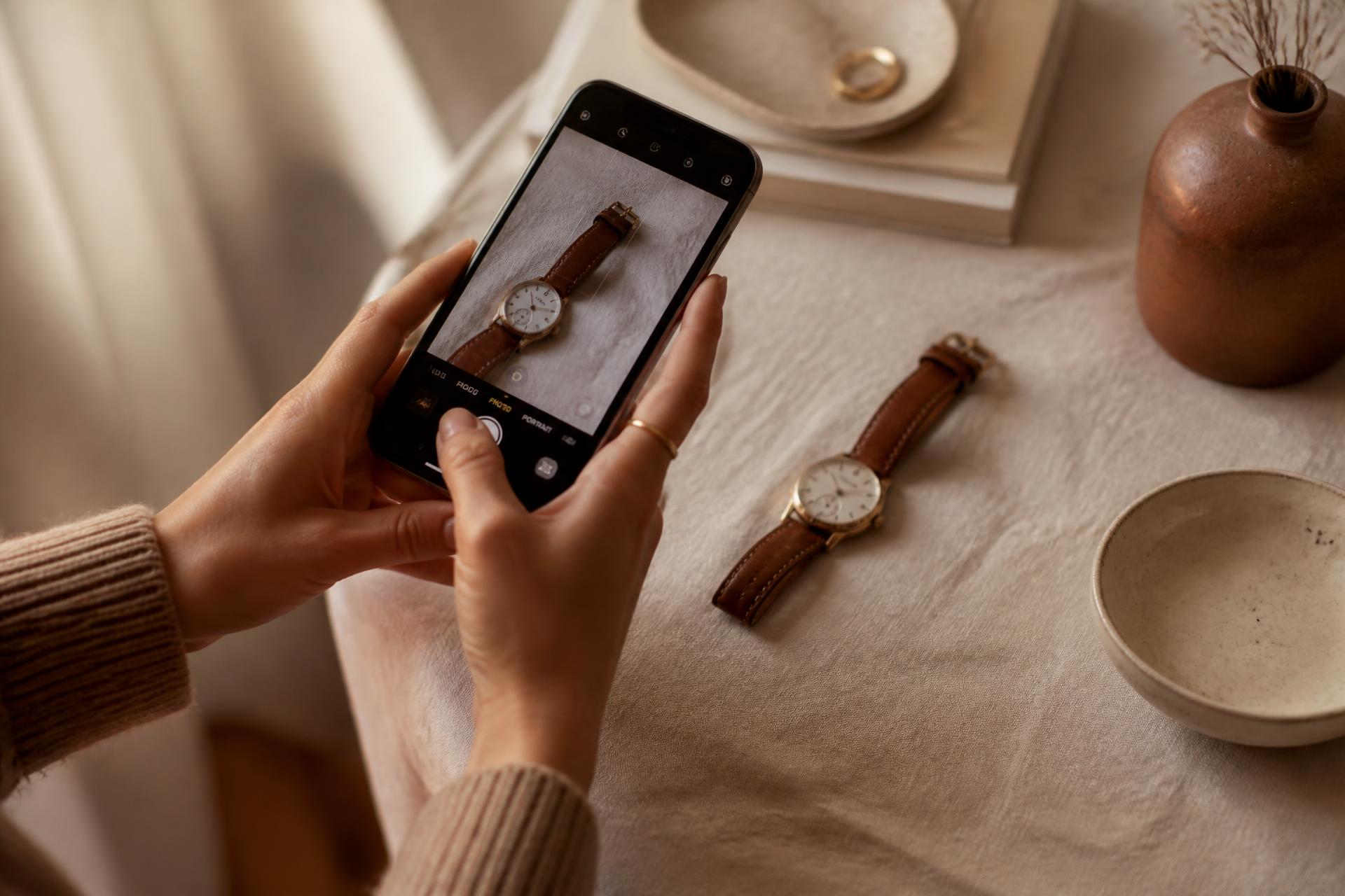 Des mains photographient une montre ancienne avec un smartphone pour l’ajouter à l’inventaire